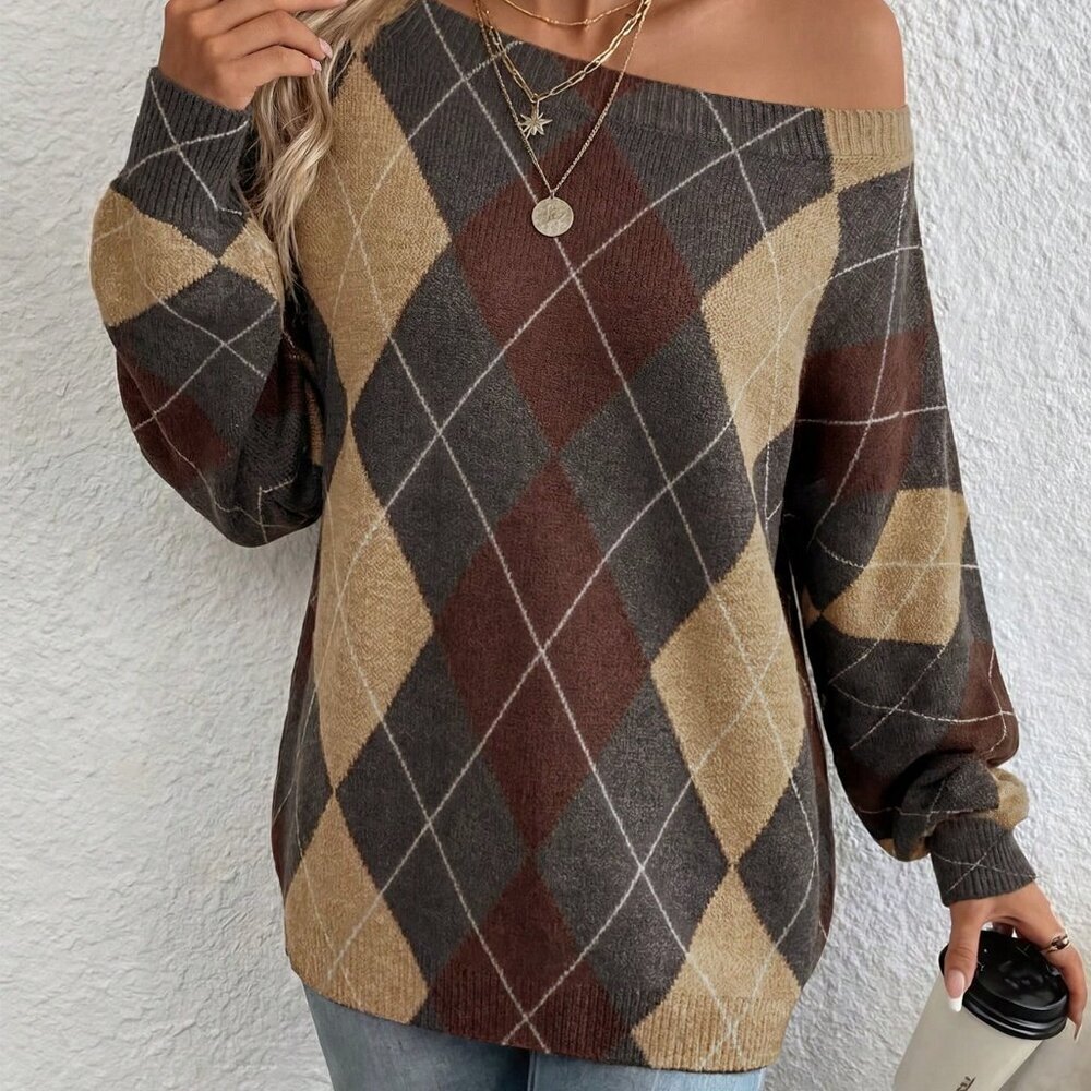 Multicolor Casual Women's Off-Shoulder Argyle Sweater - Picture 4 of 5
